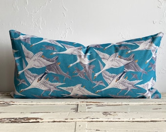 Mulberry Wild Geese Velvet Teal Lumbar Pillow Cover, 12x24 Flock Lake House Pillow Cover, Velvet Long Bed Pillow Covers, Flying Birds