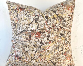 24x24 Paint Splatter Decorative Throw Pillow Cover in Orange and Neutrals- one of a kind