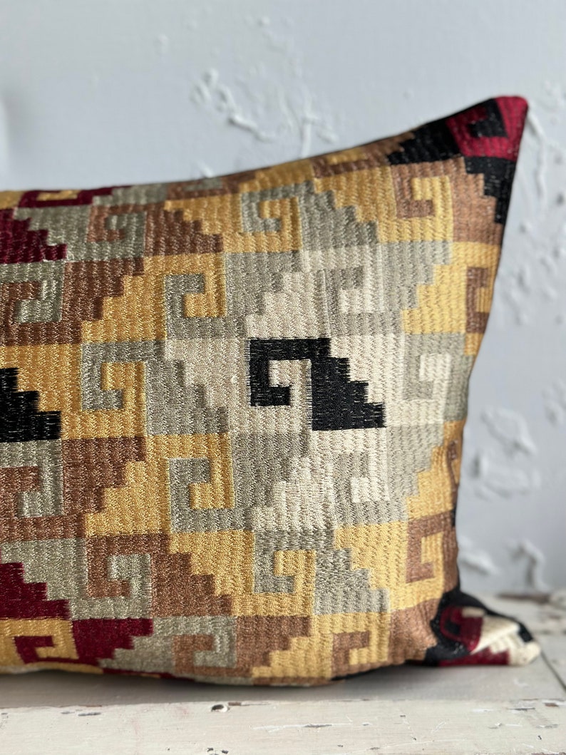 Embroidered Geometric Lumbar Pillow Cover, Checkered Earth Tones 12x18 image 2