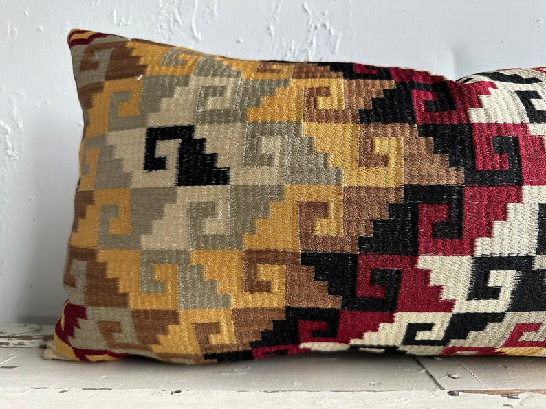 Embroidered Geometric Lumbar Pillow Cover, Checkered Earth Tones 12x18 image 4