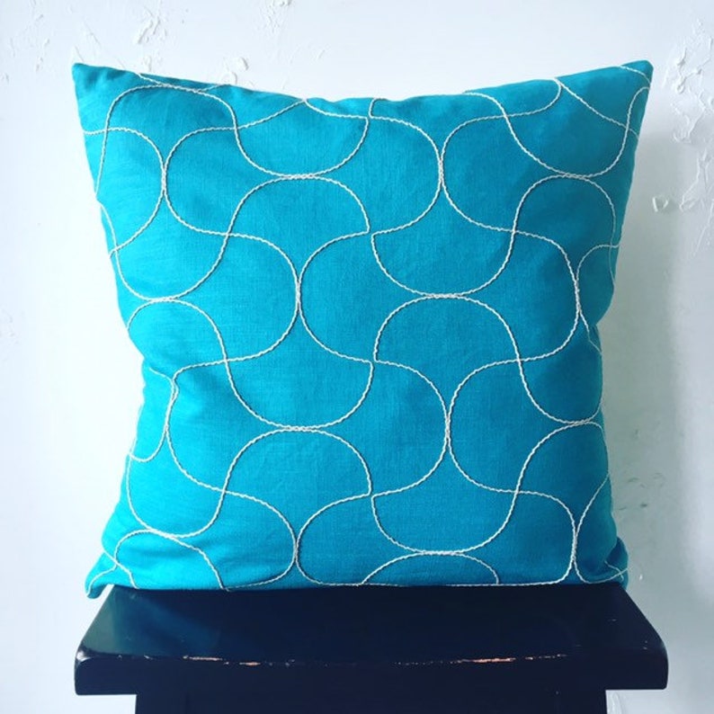 Teal Decorative Pillow Cover, 22x22 Blue Jonathan Adler Linen Fabric