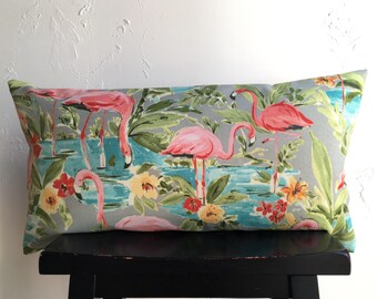 Tropical Flamingo Pillow Cover, 14x26 Lumbar Pillow Cover, Pink Flamingo Decorative Pillow Cover, Teal and Pink, Kids Pillow, Outdoor Pillow