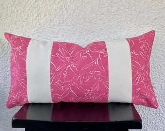 Pink Floral Lumbar Pillow Cover, 16x24 Decorative Throw Pillow Cover, Pink Botanical with White trim, Floral Bed Throw, one of a kind