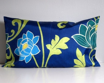 14x24 Blue Retro Floral Pillow Cover, Cobalt Blue Decorative Throw Pillow Cover, Royal Blue Lumbar Pillow Cover Indoor/ Outdoor