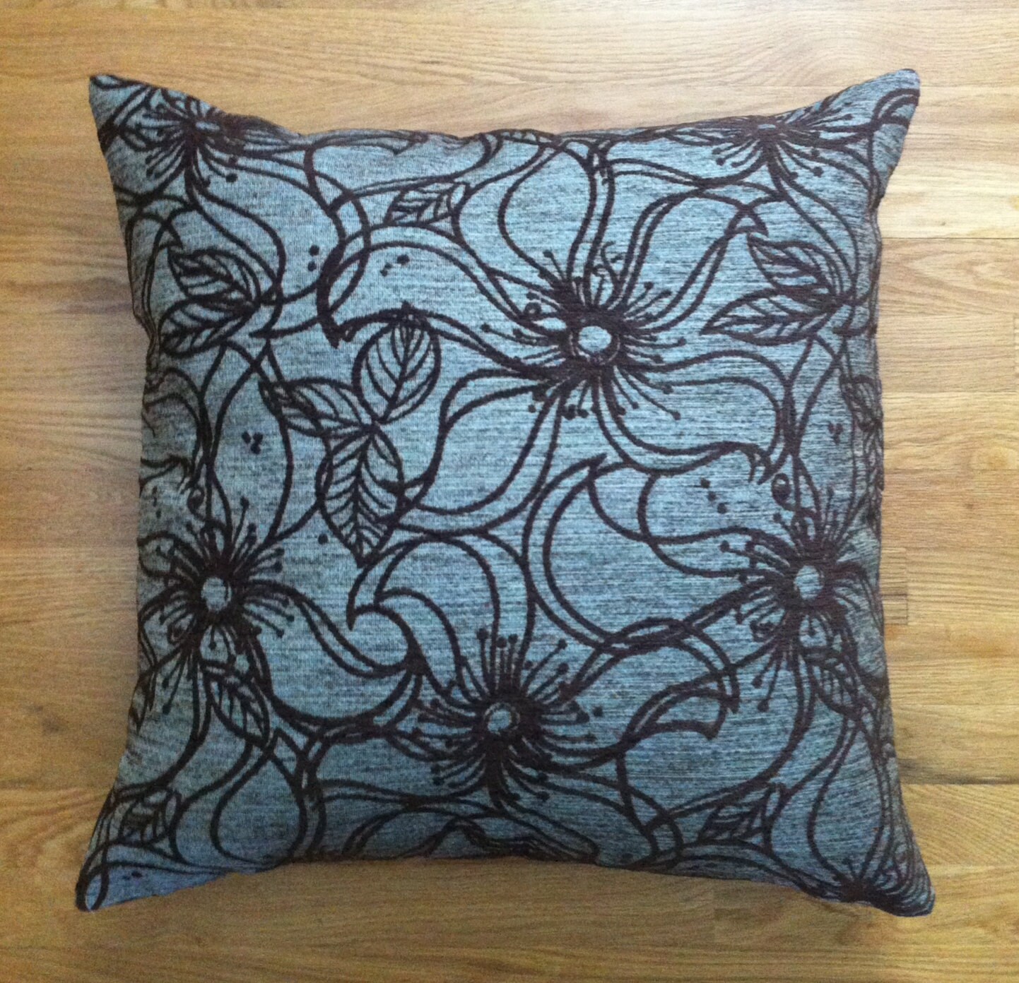 Blue Retro Floral Floor Pillow Cover, Large Blue Pillow, Chenille