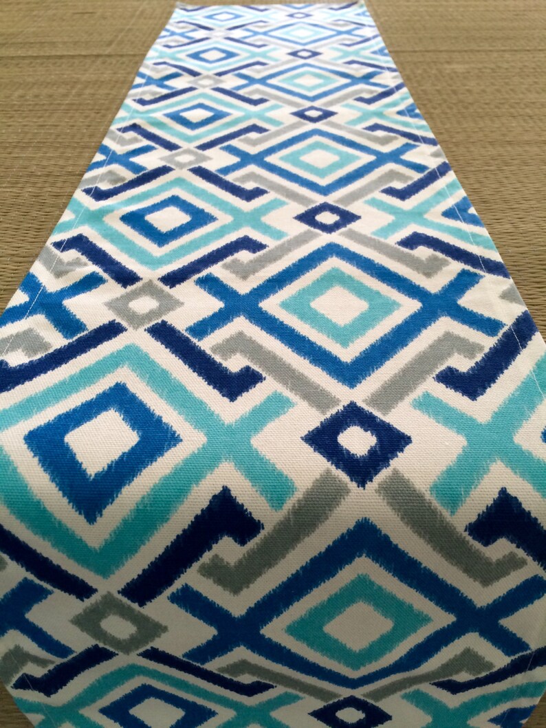 Outdoor Table Runner Navy Blue Turquoise Ikat table Runner Etsy