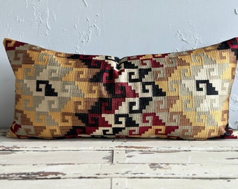 Embroidered Geometric Lumbar Pillow Cover, Checkered Earth Tones 12x18