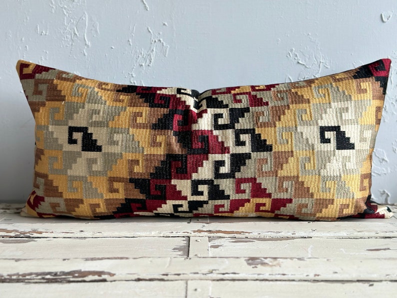Embroidered Geometric Lumbar Pillow Cover, Checkered Earth Tones 12x18 image 1