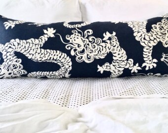 12x30 Navy Blue and White Dragons Lumbar Decorative Throw Pillow Cover