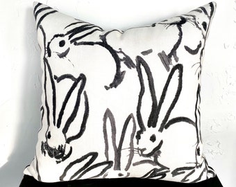 18x18 Black and White Bunny Rabbit Pillow Cover, Groundworks Hunt Slonem linen Decorative Throw Pillow Cover