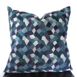 Modern 20x20 Blue Pillow Cover, Kravet Mosaic Velvet Peacock Pillow Cover, Modern Pixel Decorative Throw Pillow Cover, Custom Size Available