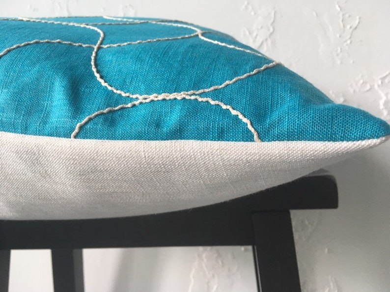 Teal Decorative Pillow Cover, 22x22 Blue Jonathan Adler Linen Fabric