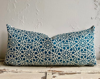 Teal and Gray Geometric Lumbar Pillow Cover, 12x24 Marakesh Classic Pattern Designer Throw Pillow cover