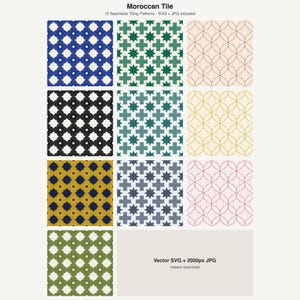 Pode incluir: Uma coleção digital de dez padrões de azulejos marroquinos sem costura com formas geométricas em azul, verde, preto, amarelo e rosa. O texto diz Moroccan Tile, 10 Seamless Tiling Patterns, SVG + JPG included, e Vector SVG + 2000px JPG.