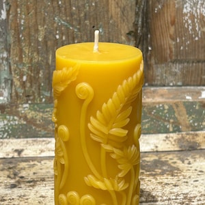 Mini Fern Leaf Cylinder Beeswax Candle - Small Beeswax Pillar Candle Pure Beeswax from Beekeepers Hives