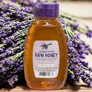 Lavender Infused Honey 1 lb.  All natural grown, harvested and infused right on the farm.