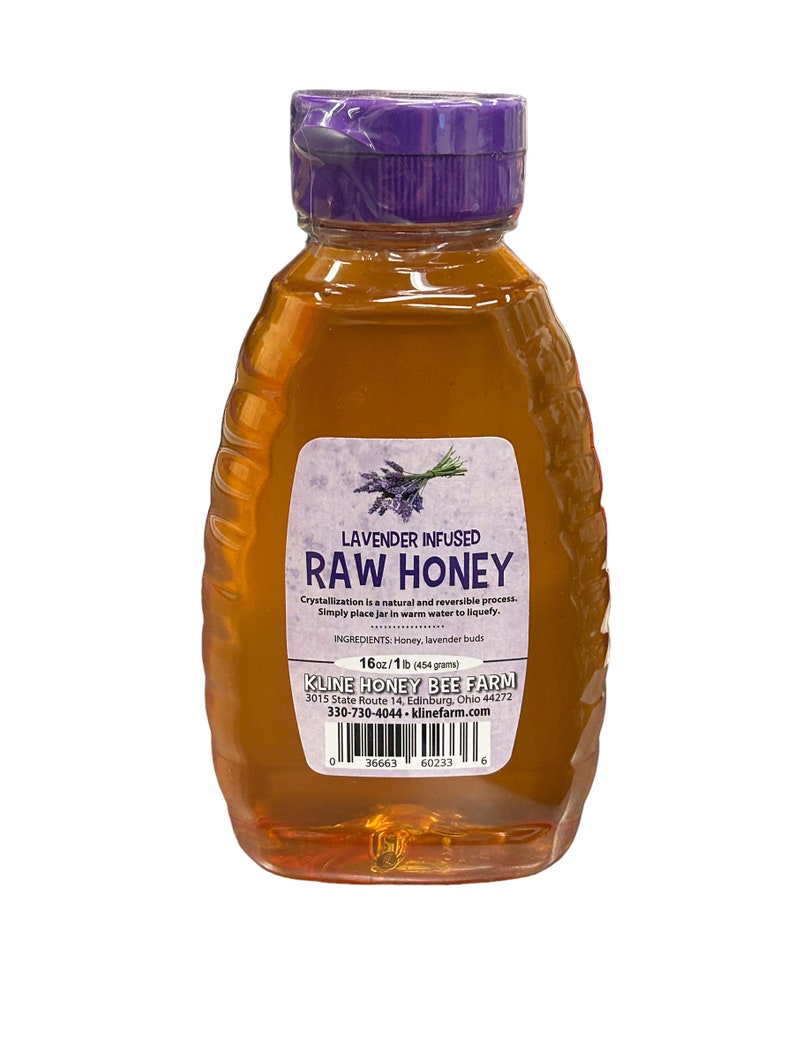 May include: A clear glass bottle of lavender infused raw honey with a purple lid. The label reads "Lavender Infused Raw Honey" and includes the ingredients: Honey, lavender buds. The label also includes the company name "Kline Honey Bee Farm" and contact information.