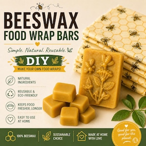May include: Beeswax food wrap bars with the text "BEESWAX FOOD WRAP BARS". The image shows a stack of reusable food wraps with a honeycomb and bee pattern, along with a bar of beeswax with a bee and flower design.
