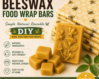 May include: Beeswax food wrap bars with the text "BEESWAX FOOD WRAP BARS". The image shows a stack of reusable food wraps with a honeycomb and bee pattern, along with a bar of beeswax with a bee and flower design.