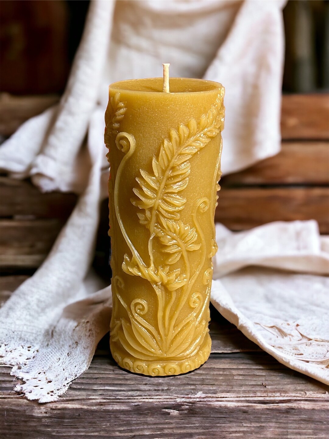 Fern Leaf Cylinder Beeswax Candle - Beeswax Pillar Candle Pure Beeswax ...