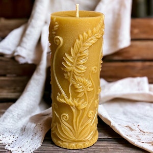 Fern Leaf Cylinder Beeswax Candle - Beeswax Pillar Candle  Pure Beeswax from Beekeepers Hives