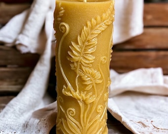 Fern Leaf Beeswax Pillar Candle: Handmade Rustic Home Decor