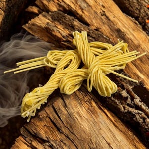 May include: A bundle of yellow dried pasta noodles on a rustic wooden surface. The noodles are arranged in a loose knot, with some strands extending out from the center. There is a wisp of smoke rising from the noodles, suggesting they have been recently cooked.