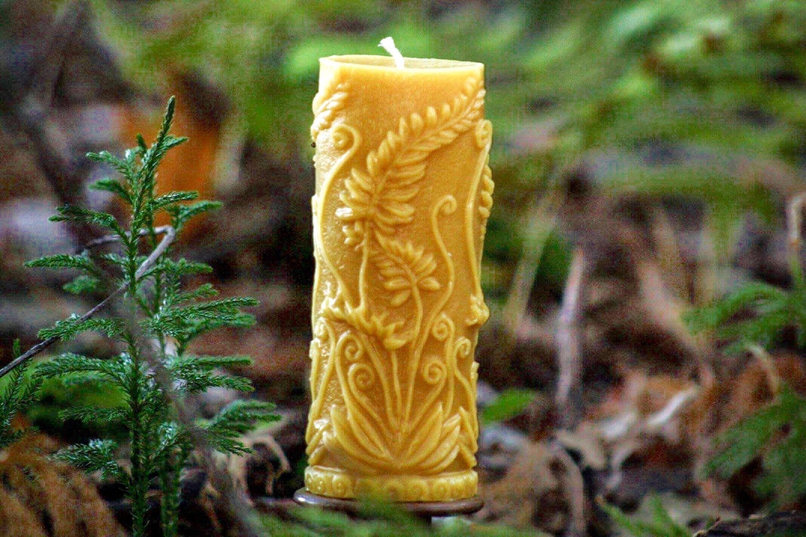 Fern Leaf Cylinder Beeswax Candle  Beeswax Pillar Candle image 1