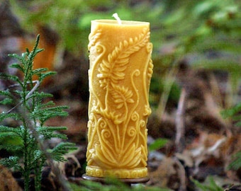Fern Leaf Cylinder Beeswax Candle - Beeswax Pillar Candle  Pure Beeswax from Beekeepers Hives