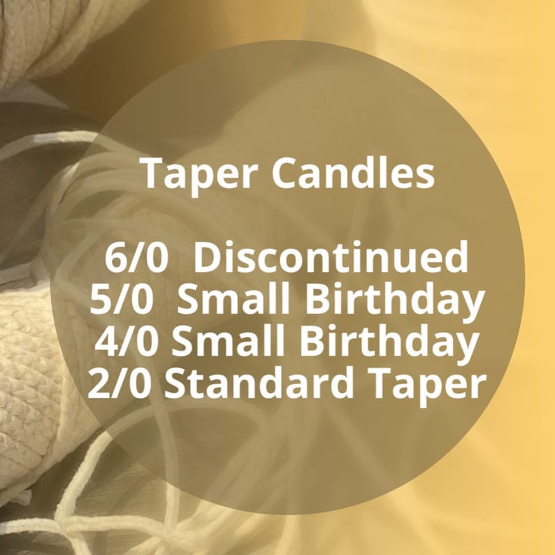 May include: A close-up of a beige background with a circle containing white text that reads "Taper Candles" and a list of candle sizes and descriptions: "6/0 Discontinued", "5/0 Small Birthday", "4/0 Small Birthday", "2/0 Standard Taper".