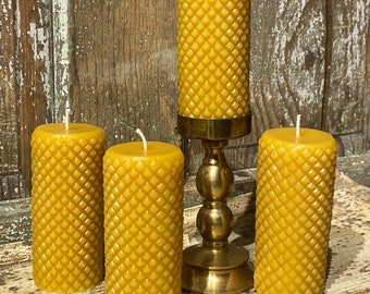 Diamond Cylinder Beeswax Candle x4  - Beeswax Pillar Candle  Pure Beeswax from Beekeepers Hives