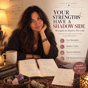 May include: A digital informational graphic titled Your Strengths Have A Shadow Side, featuring text about numerology, pin codes, and personal growth. The layout includes bulleted lists, a pin code chart, and icons for core strengths and shadow traits.