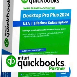 May include: A white and green Intuit QuickBooks Desktop Pro Plus 2024 software box for small business accounting. The packaging features the text USA | Lifetime Subscription, along with a list of benefits for managing finances, tracking invoices, and expenses.