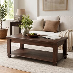 May include: A rectangular dark brown wooden coffee table featuring a smooth top surface, four sturdy legs with vertical grooved detailing, and a lower open shelf for storage. The table is constructed with a solid wood frame and a rich, dark finish.