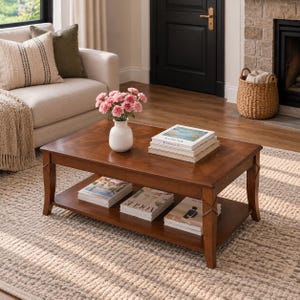 Mid Century Solid Wood Coffee Table with Storage Shelf Cherry Walnut 43.3 Inch