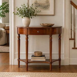 May include: A semi-circular wooden console table with a rich brown finish, featuring a single central drawer with a small round knob, four slender fluted legs, and a lower shelf holding two stacked books and a small round wooden container.