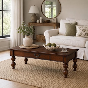 May include: A rectangular dark brown wooden coffee table featuring a central drawer with a dark metal pull handle, supported by four turned ball-style legs. The table surface holds a white ceramic vase with greenery, a bowl with green spheres, and a glass.