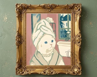 Funny Cat Art Print, Cat in Bath Wall Art, Cute Spa Kitten Poster, Birthday Gift for Her, Housewarming Gift, Vintage French Decor Digital