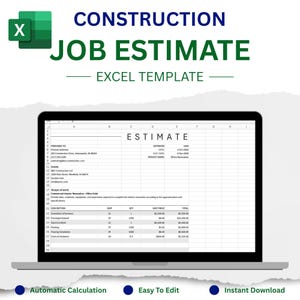 Puede incluir: Una pantalla de portátil que muestra una plantilla de Excel para presupuesto de construcción. El documento incluye campos para el destinatario, número de presupuesto, fecha, fecha de vencimiento, nombre del proyecto y una tabla de alcance de trabajo con columnas para descripción, unidad, cantidad, precio unitario y total.