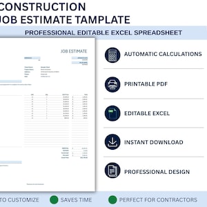 May include: A construction job estimate template in an Excel spreadsheet format. The document features sections for company logo, job details, itemised descriptions, quantities, unit prices, totals, and tax calculations with a professional layout.