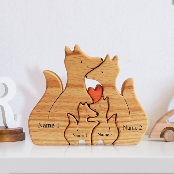 Waldos | Single Parents, Wooden Foxes Family, Personalized Wooden Pet Carvings, Wooden Name Foxes Puzzle, Animal Family
