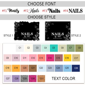 Puede incluir: Una plantilla de dise&ntilde;o para servicios de arte de u&ntilde;as. La imagen muestra opciones de fuente, opciones de estilo y una paleta de colores. El texto incluye "ELEGIR FUENTE", "ELEGIR ESTILO", "COLOR DEL TEXTO" y la palabra "Nails" en varias fuentes y estilos.