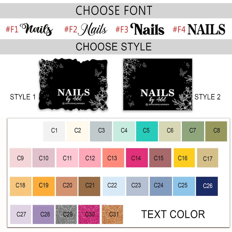 Puede incluir: Una plantilla de dise&ntilde;o para servicios de arte de u&ntilde;as. La imagen muestra opciones de fuente, opciones de estilo y una paleta de colores. El texto incluye "ELEGIR FUENTE", "ELEGIR ESTILO", "COLOR DEL TEXTO" y la palabra "Nails" en varias fuentes y estilos.