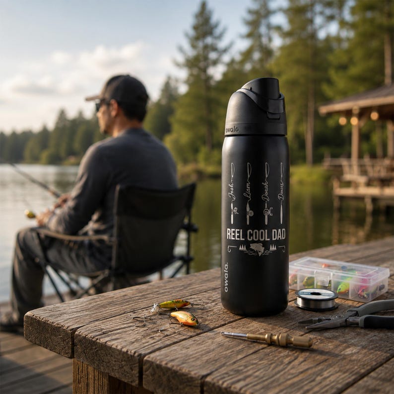 May include: A matte black Owala water bottle featuring a white graphic of four fishing rods with names, the text REEL COOL DAD, and a small landscape illustration. The bottle has a black lid and is positioned on a wooden surface with fishing gear.