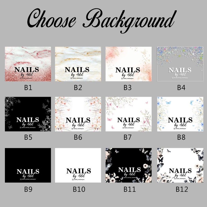 Puede incluir: Imagen que muestra doce opciones de fondo para dise&ntilde;os de u&ntilde;as. Cada opci&oacute;n incluye el texto "NAILS by Adel" en una fuente moderna y limpia. Los fondos var&iacute;an, incluyendo m&aacute;rmol, floral y dise&ntilde;os con purpurina, etiquetados B1 a B12.