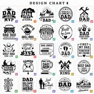 May include: A design chart with black and white graphics and text, including phrases such as "DAD," "GRILL BOSS," and "GAMER." The designs are arranged in a grid, suitable for personalised gifts or clothing.