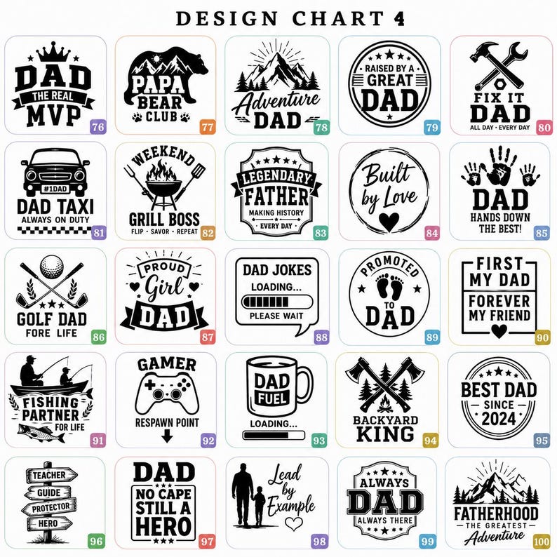 May include: A design chart with black and white graphics and text, including phrases such as "DAD," "GRILL BOSS," and "GAMER." The designs are arranged in a grid, suitable for personalised gifts or clothing.