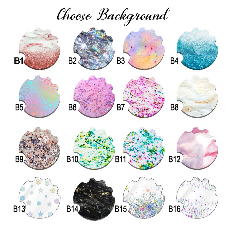 May include: A selection of 16 different background designs for a customisable product. The designs include marble, glitter, and abstract patterns in various colours.