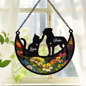 Personalized Dog Cat Memorial Suncatcher Ornament| Pet memorial gifts| Couple Dog Cat on Moon suncatcher| Loss of dog, cat, Window hanging