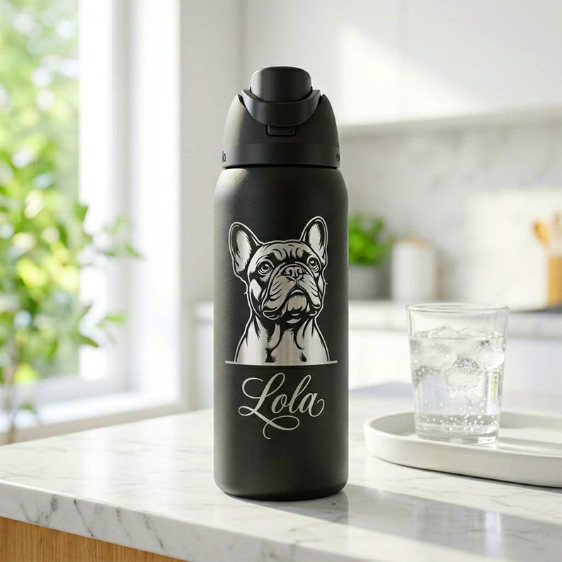 Puede incluir: Botella de agua aislada negra con tapa negra. Presenta una ilustraci&oacute;n de un bulldog franc&eacute;s y el nombre "Lola" en escritura cursiva. Un vaso de agua con hielo est&aacute; al lado.